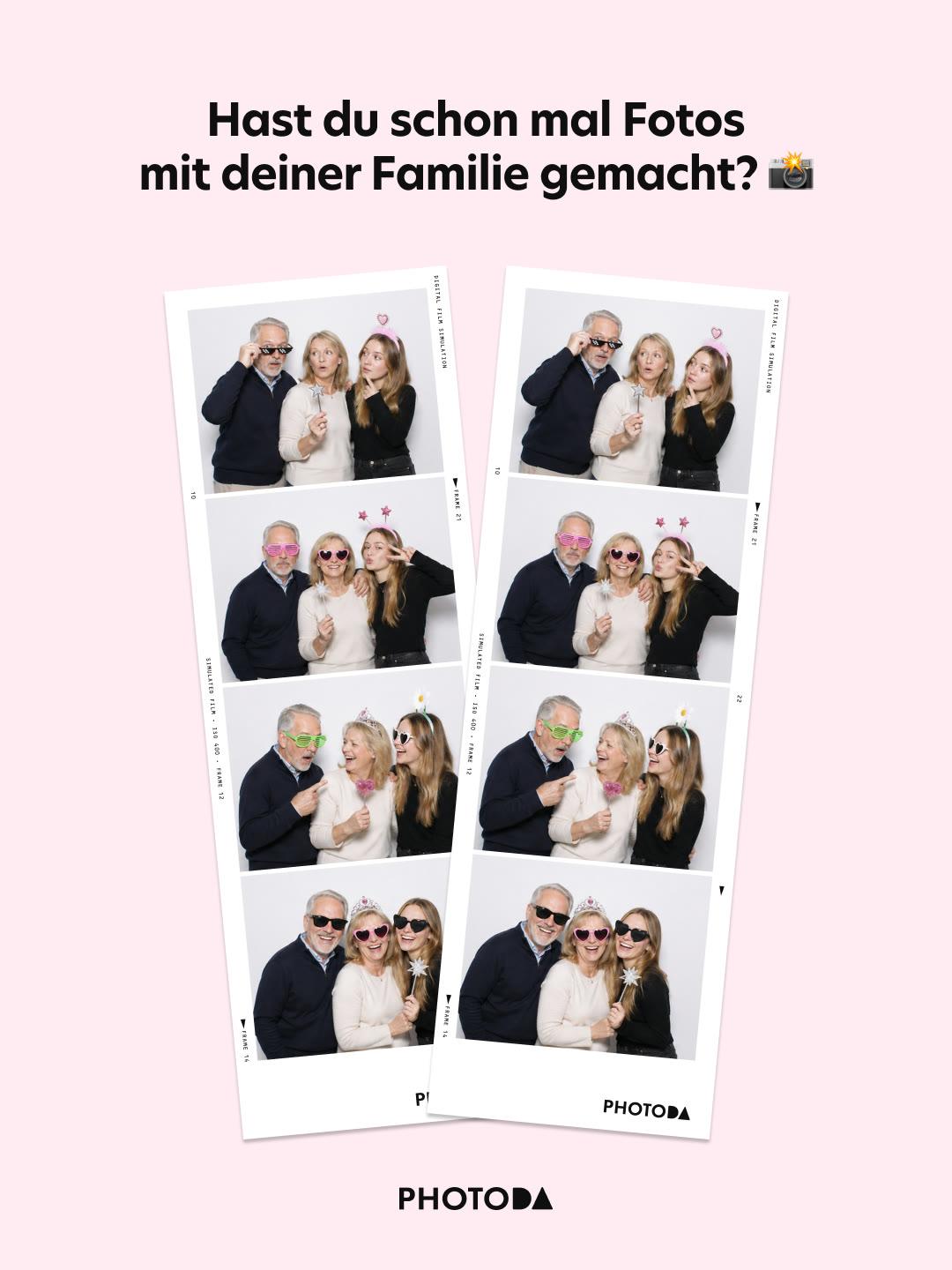 A family of three posing with fun props in PhotoDA's Classic Room