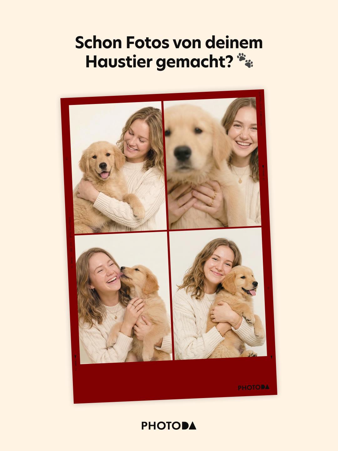 A woman and her golden retriever puppy posing together in PhotoDA's Classic Room