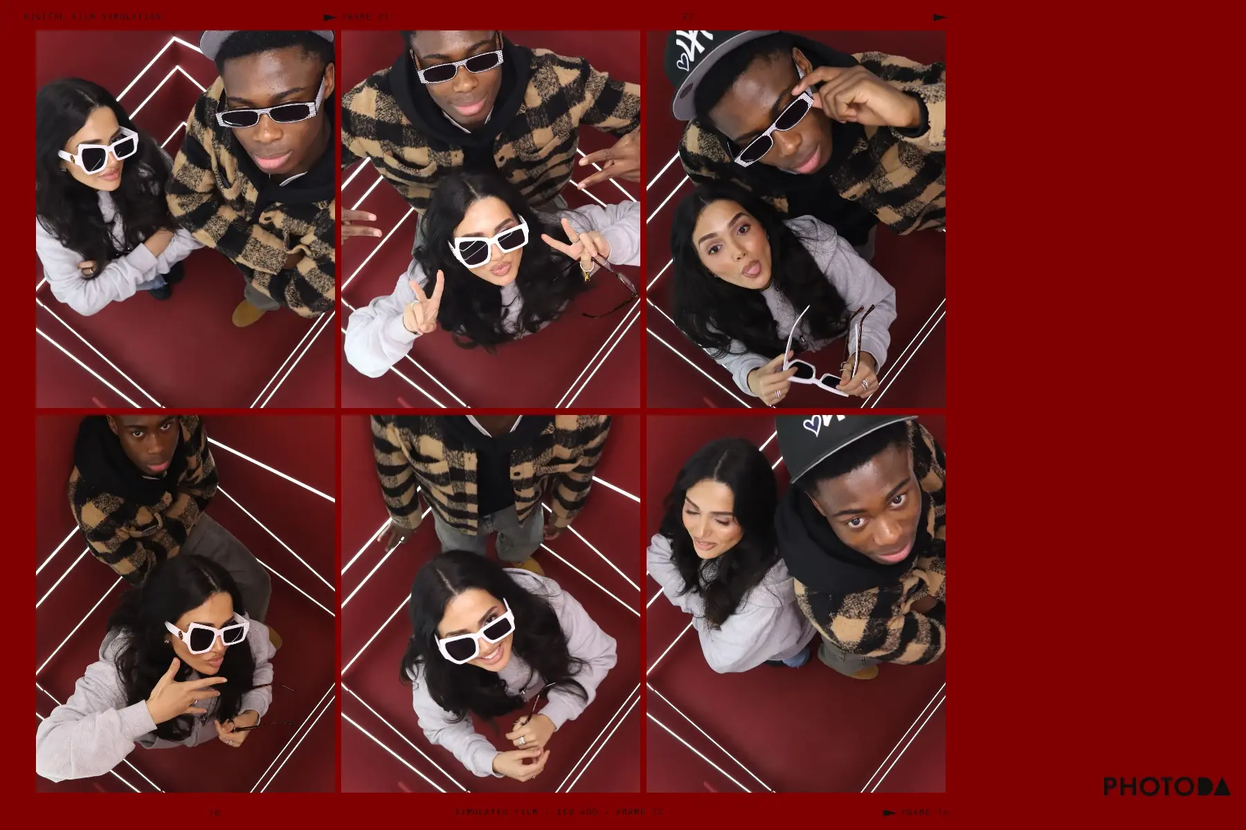 A real PhotoDA printed photo strip contact sheet from the Neon Room, six frames on a red background