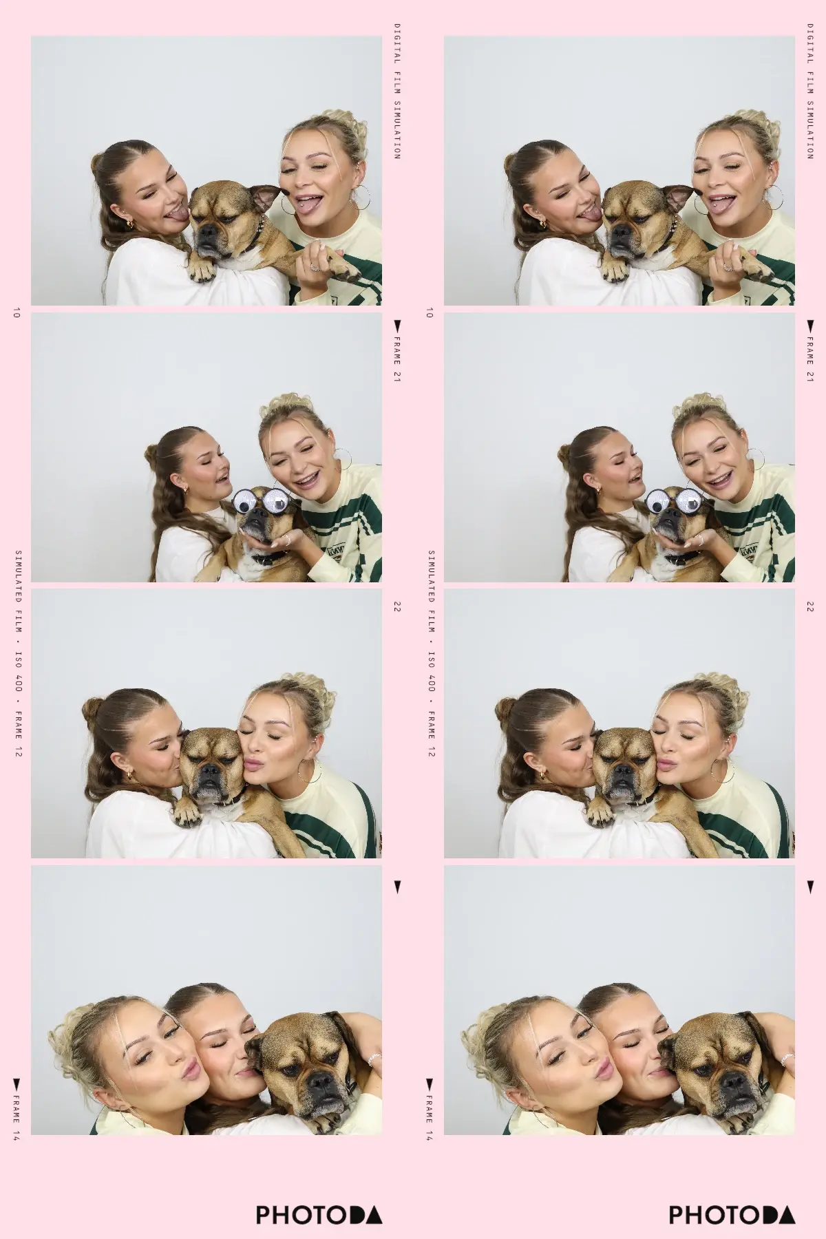 A real PhotoDA printed photo strip of two friends and a dog on a pink background
