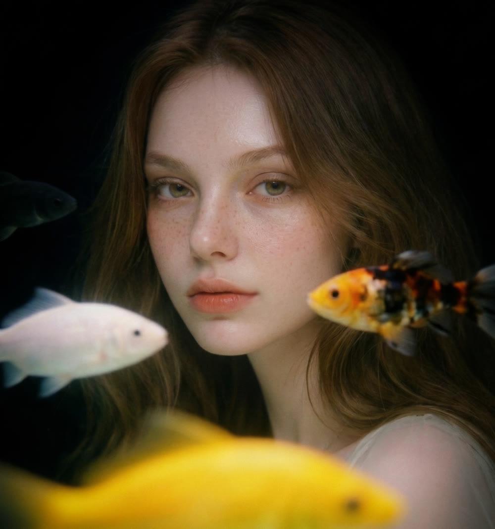 A moody portrait in PhotoDA's Aquarium room, fish swimming between the camera and the subject